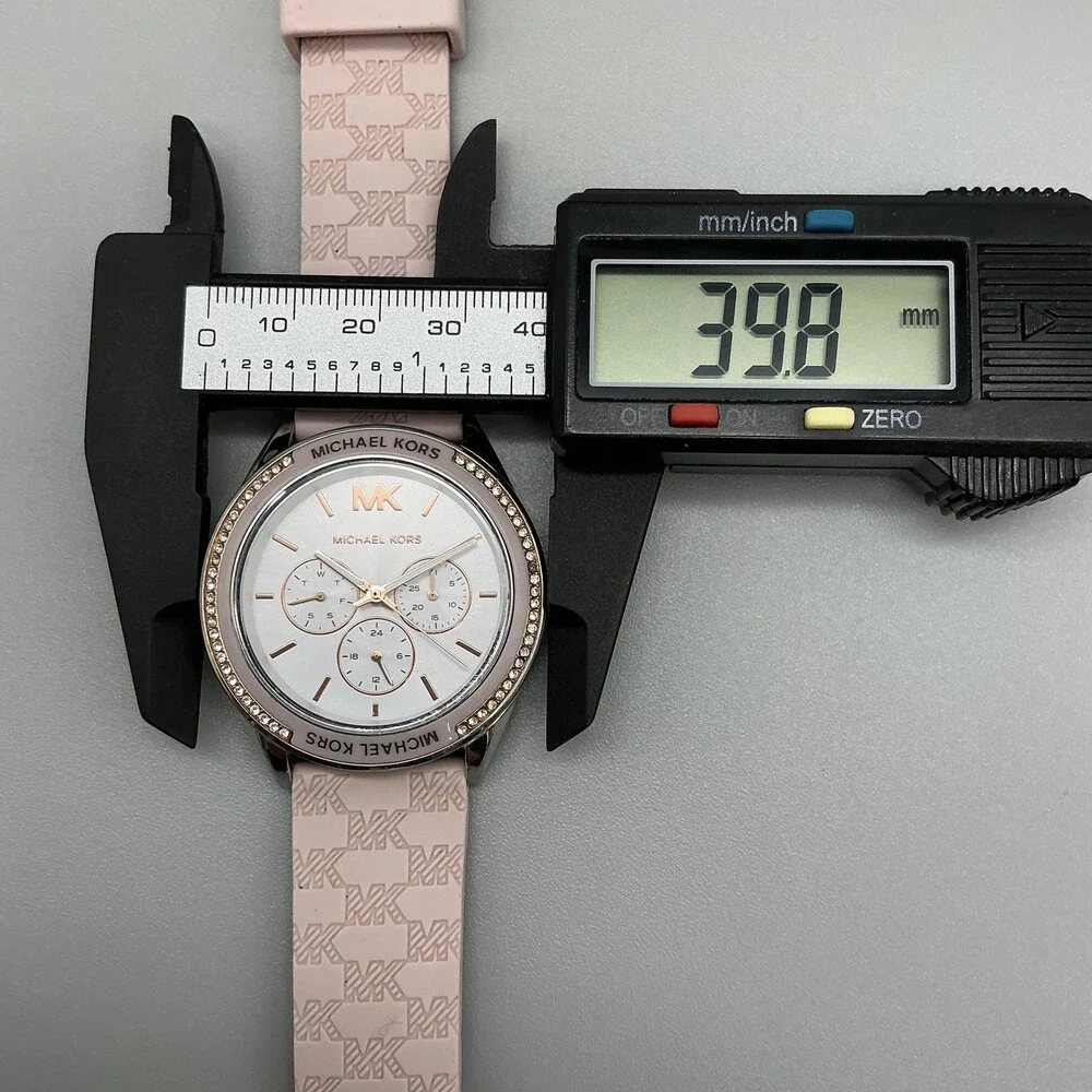 Michael Kors Womens Watch 40mm Silver Tone Pink Crystals Day Date Silicone Band